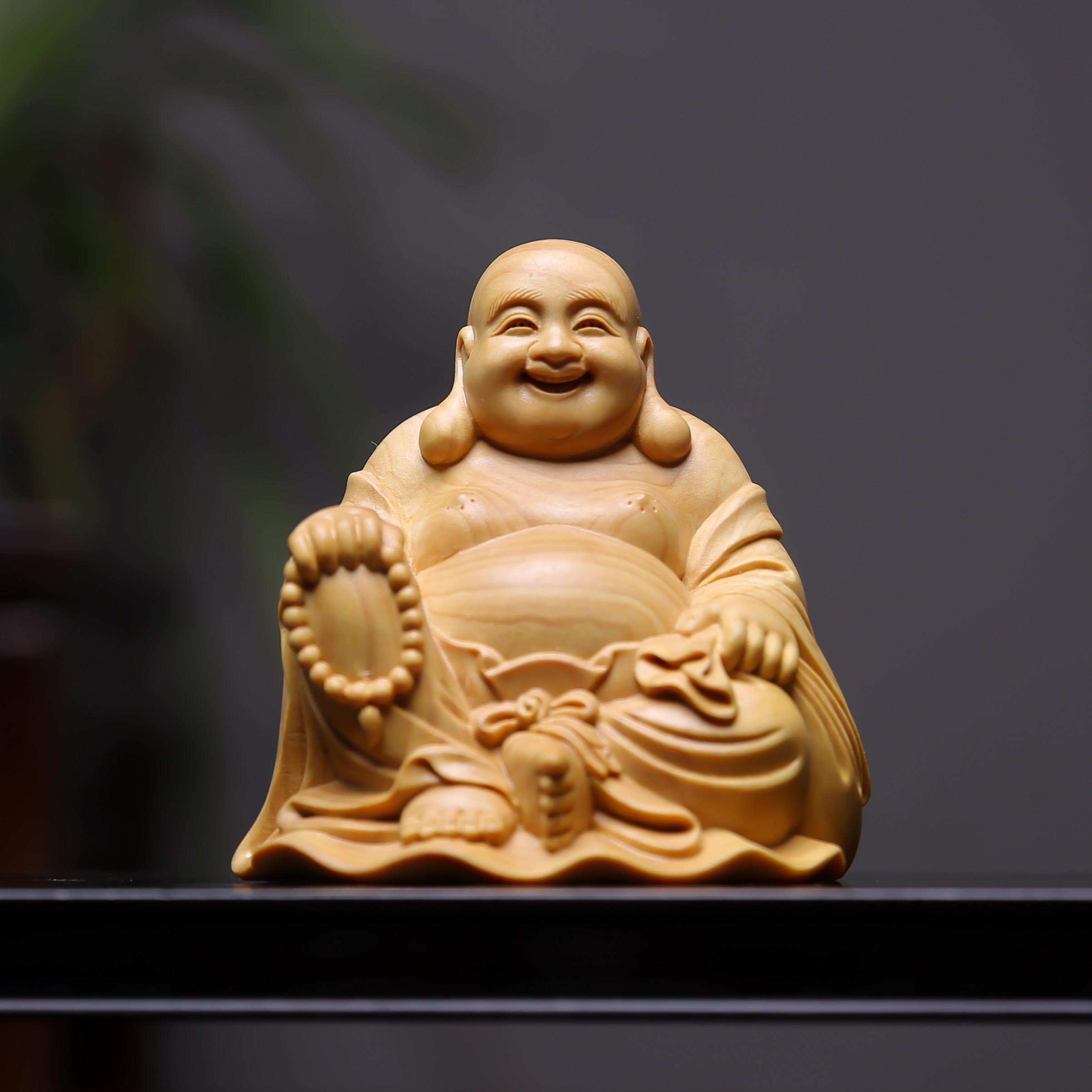 小叶黄杨木雕刻坐弥勒佛笑佛摆件家居汽车办公室装饰品实木工艺礼