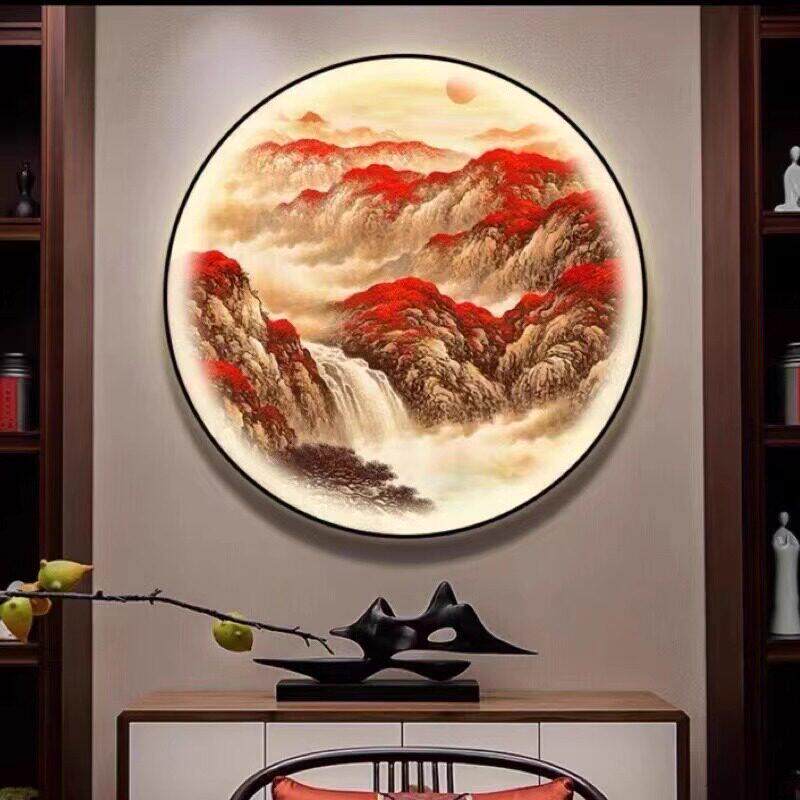 鸿运当头玄关装饰画办公室山水挂画带灯新中式圆形茶室背景墙灯画