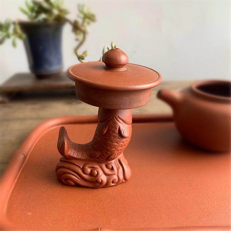 宜兴紫砂茶壶鲤鱼盖托盖置雕塑茶宠摆件年年有余鱼跃龙门茶道配件