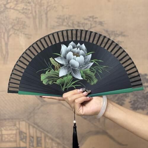 中式古风古典荷花折扇黑色流苏舞蹈表演道具手工竹扇礼品