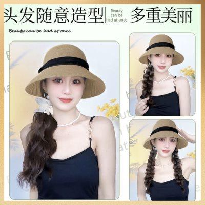 新款编织渔夫帽帽子假发一体全套时尚百搭夏天轻薄遮阳连帽假发套
