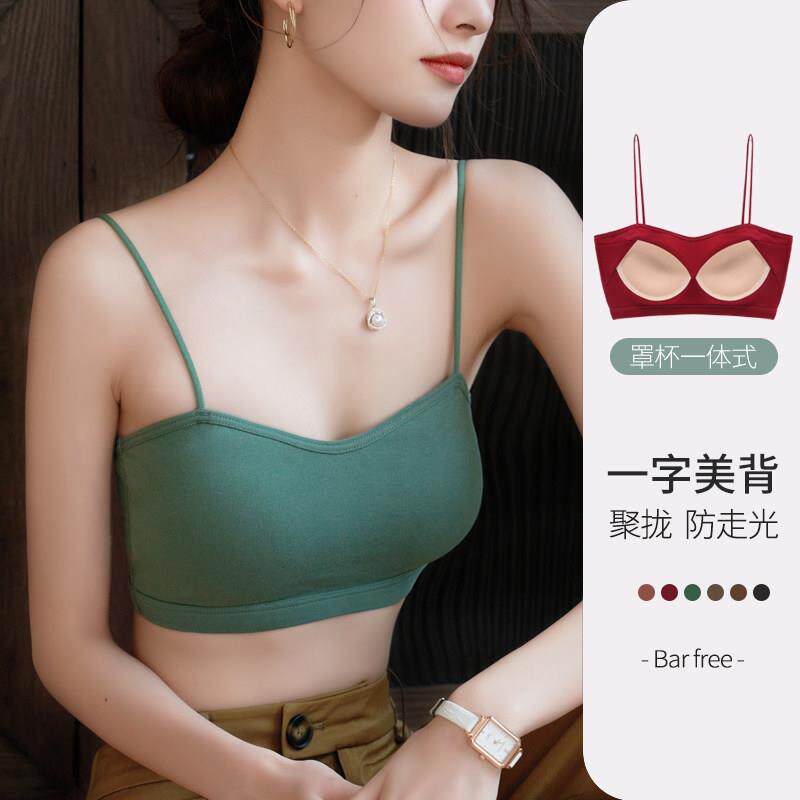 细肩带美背文胸一体背心运动内衣女内搭防走光吊带带胸垫抹胸裹胸