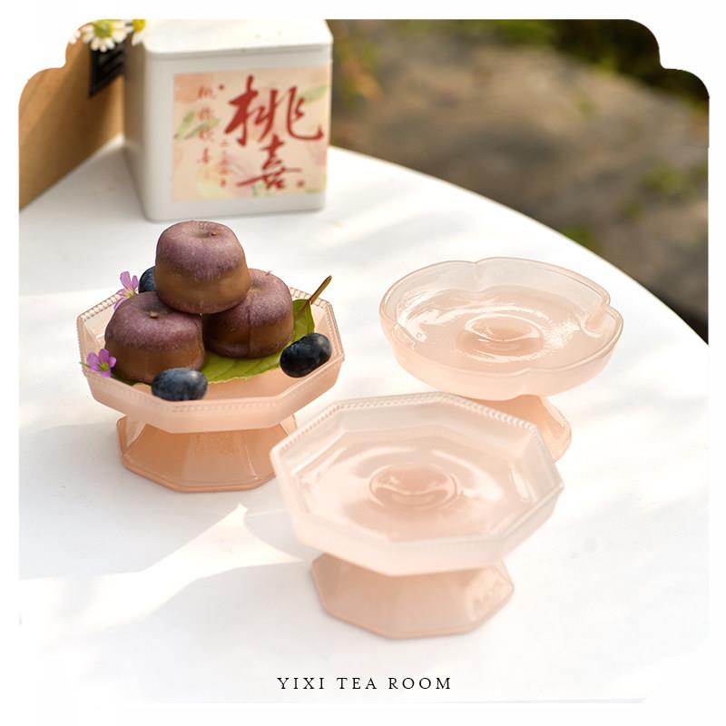 一席玻璃高脚点心盘精致茶点盘粉色小果盘甜点茶碟下午茶糕点盘