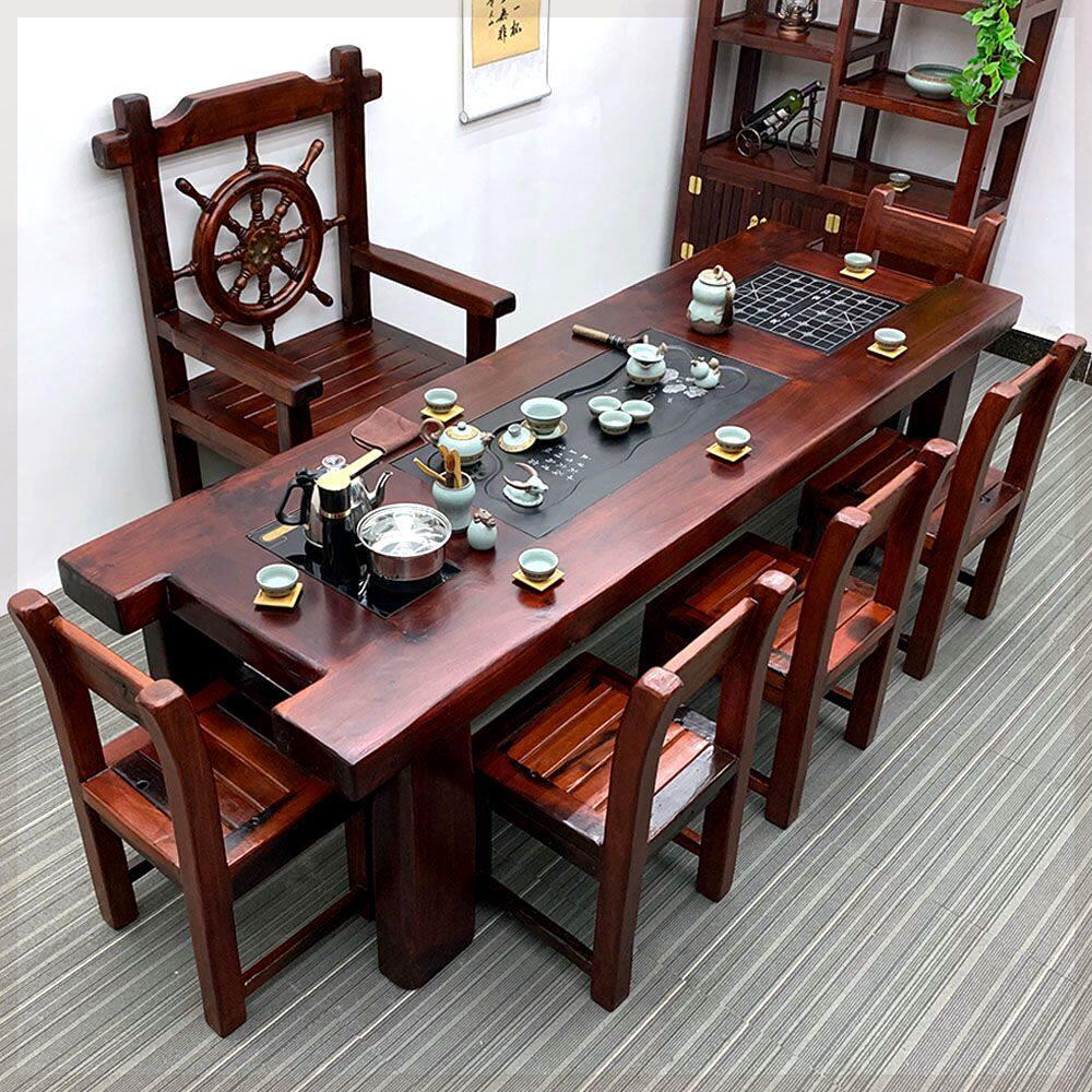 老船木茶台中式全实木茶几高档办公茶桌椅组合原木茶桌一体一整套