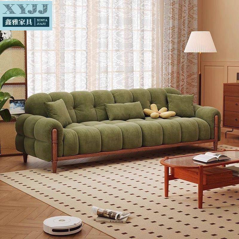 复古风钢琴键雪尼尔绒布艺沙发客厅小户型实木高脚云朵沙发直排