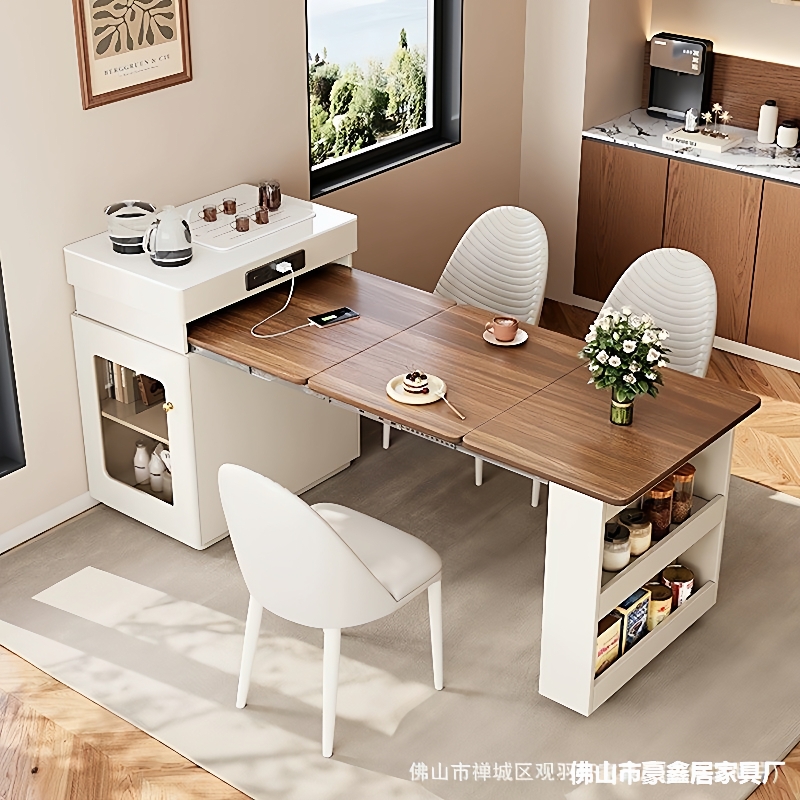 2025新款岛台餐桌一体伸缩折叠小户型实木多功能储物泡茶吃饭桌子