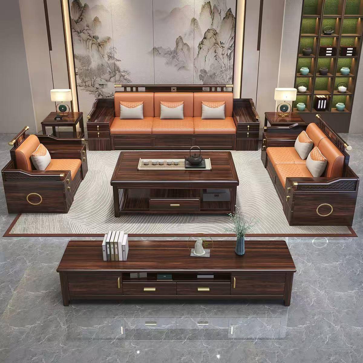 新中式乌金木实木客厅沙发茶几组合冬夏两用储物中式实木贵妃沙发