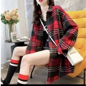 中长款格子衬衫女春秋韩版宽松大码复古薄款外套女百搭长袖衬衣ns