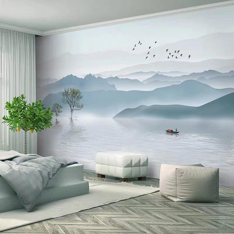 3D水墨山水中式床头沙发定制壁画客厅8D电视背景墙壁纸画墙布墙纸
