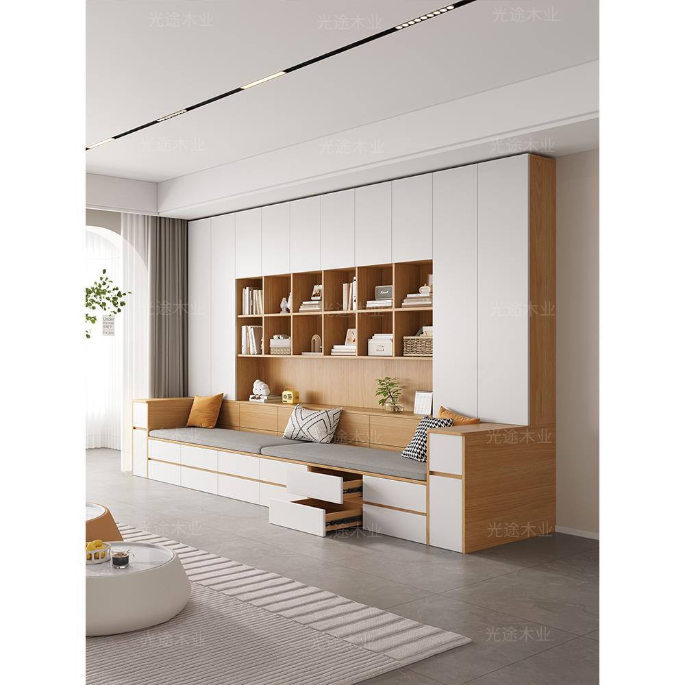 沙发书柜一体客厅墙柜书橱组合多功能家用卡座书架背景储物柜定制