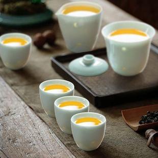 陶瓷家用简约现代盖碗轻奢高档高端茶器 望月影青玲珑功夫茶具套装