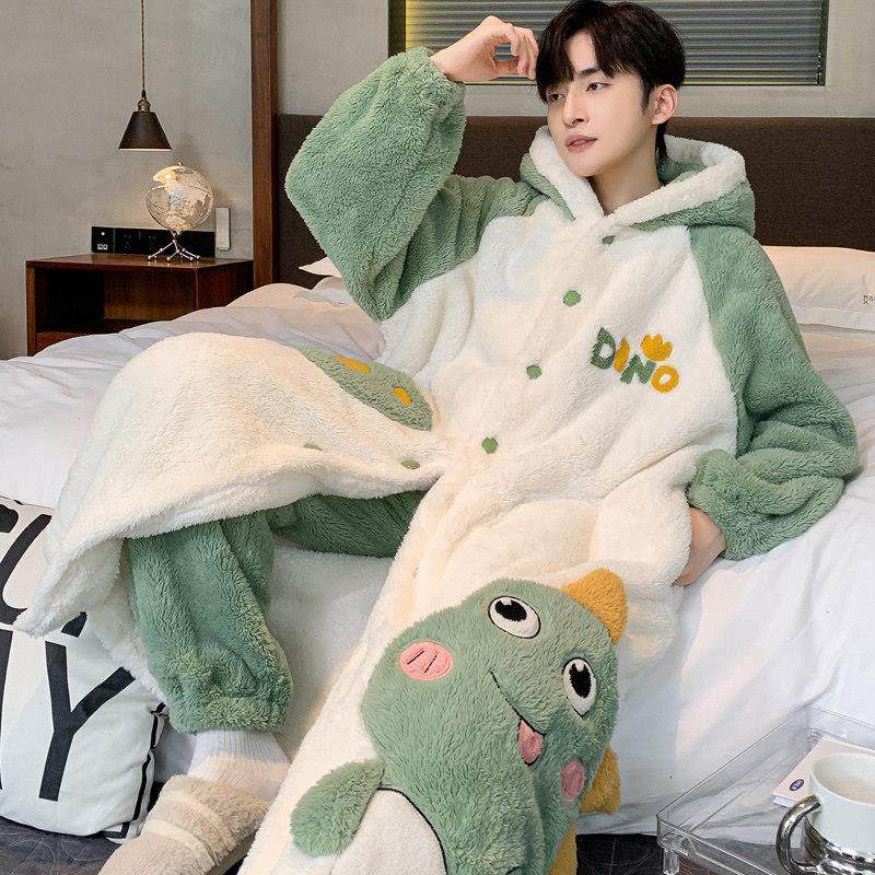 冬季珊瑚绒睡袍男加厚长款男士睡衣加肥加大码卡通加绒家居服套装