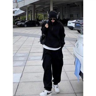 美式秋冬季潮流加厚卫衣男女百搭休闲加绒运动工装卫裤情侣款套装