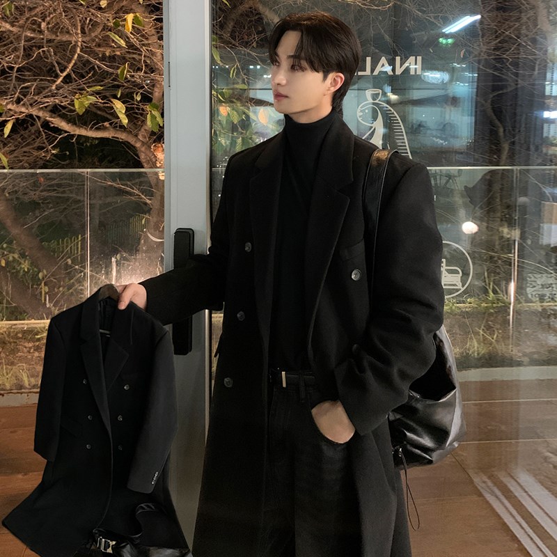 毛呢大衣男士中长款秋冬季韩版非羊绒男款风衣高级感黑色呢子外套