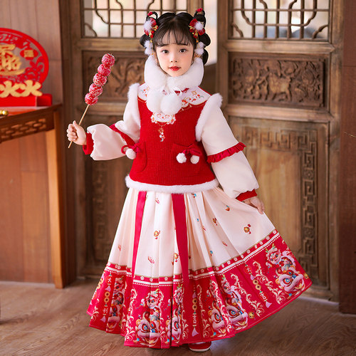 汉服女童冬季加厚马面裙套装儿童新年拜年服宝宝冬款喜庆过年唐装