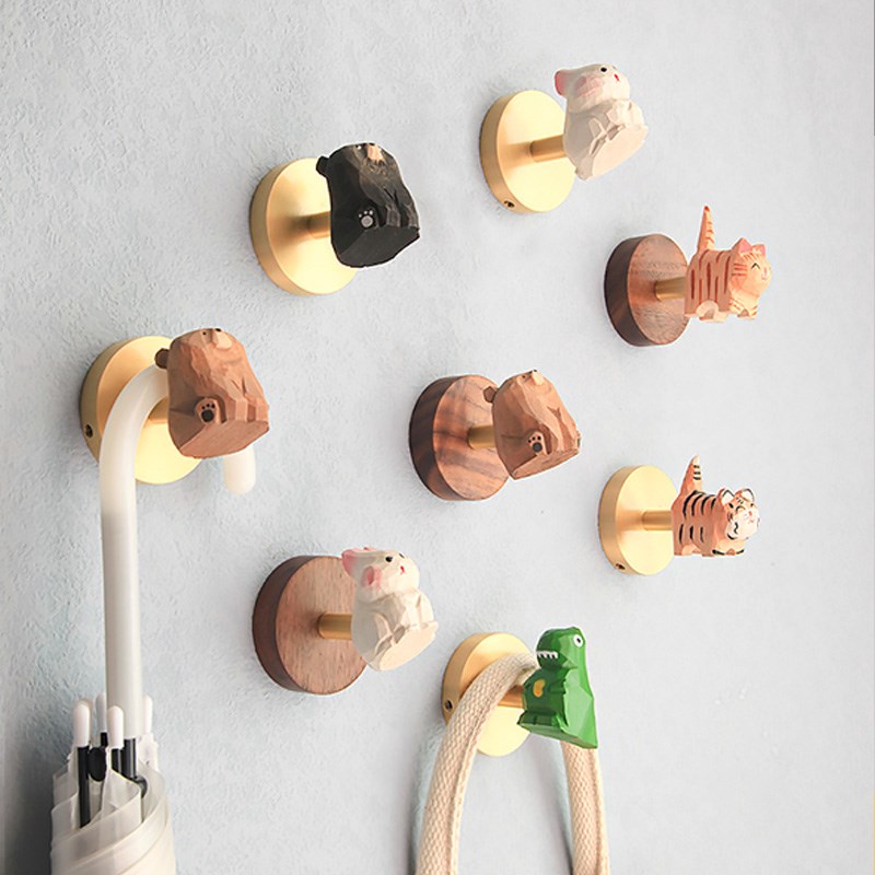 手工实木卡通可爱动物黄铜胡桃木D玄关挂钩免打孔收纳挂衣钩粘钩