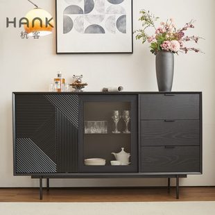中古风现代简约餐边柜靠墙一体客厅实木家用斗柜黑色玄关柜置物台