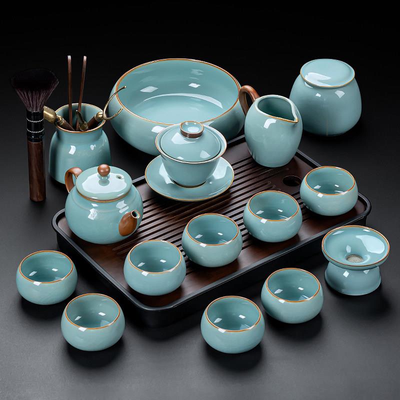 汝窑茶具套装轻奢功夫茶杯办公室家用天青色汝瓷茶壶盖碗2026新款