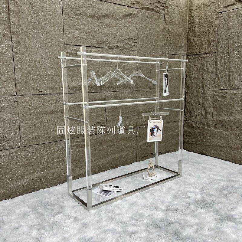 服装店展示架不锈钢亚克力双杆双层挂衣架子落地式水晶陈列中岛架