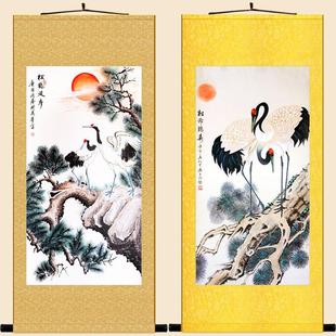 松鶴延年圖 中式 書房客廳裝 飾畫 仙鶴松樹賀壽拜壽花鳥畫卷軸掛畫