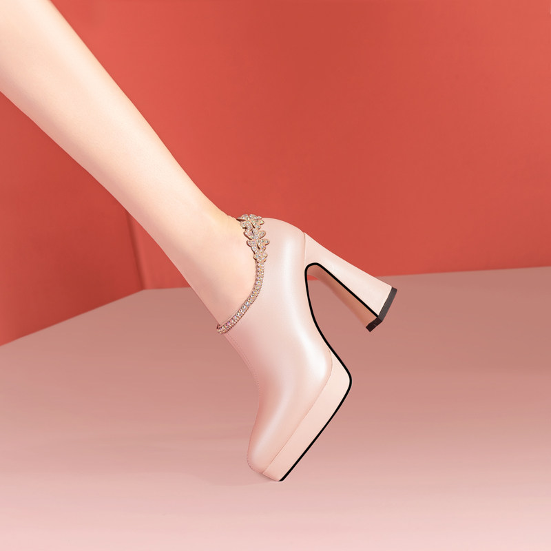 水钻花边尖头深口高跟鞋女2v024春季新款真皮粗跟厚底防水台单鞋