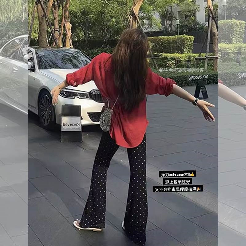 孕妇波点喇叭裤夏季薄款外穿时尚弹力翻边高N腰垂感拖地喇叭裤子