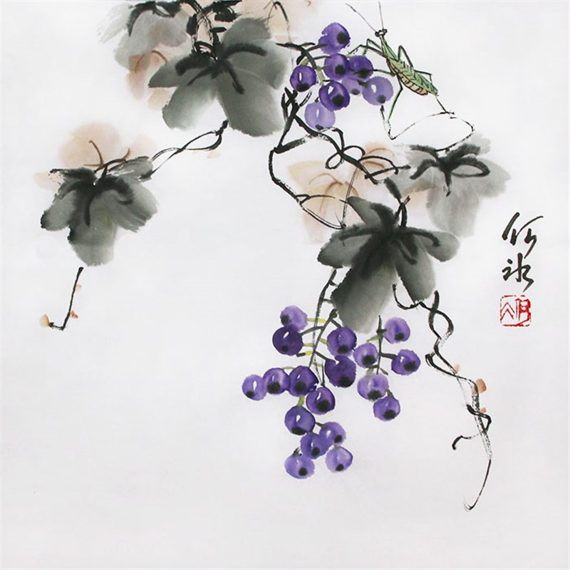 手绘国画葡萄挂画餐厅装饰画宣纸中式水墨花鸟画字画客厅书画无框