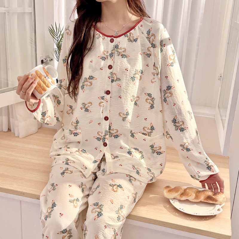 韩版带胸垫皱皱棉纯棉月子服春夏季薄款产后哺乳S家居服孕妇睡衣