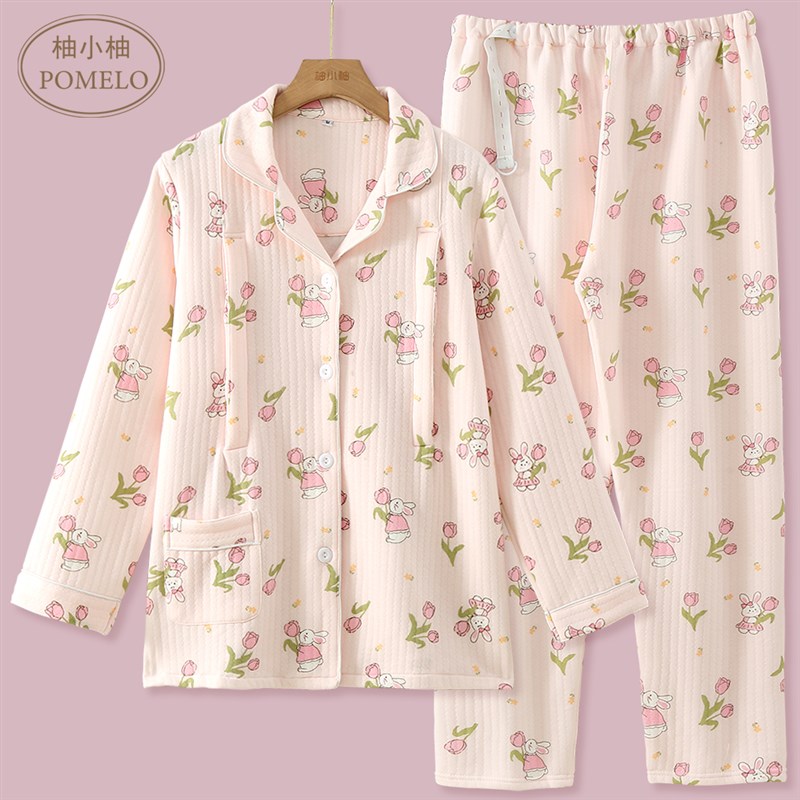 春秋冬空气棉纯棉三层夹棉哺乳睡衣产妇喂奶P家居服卡通月子服女