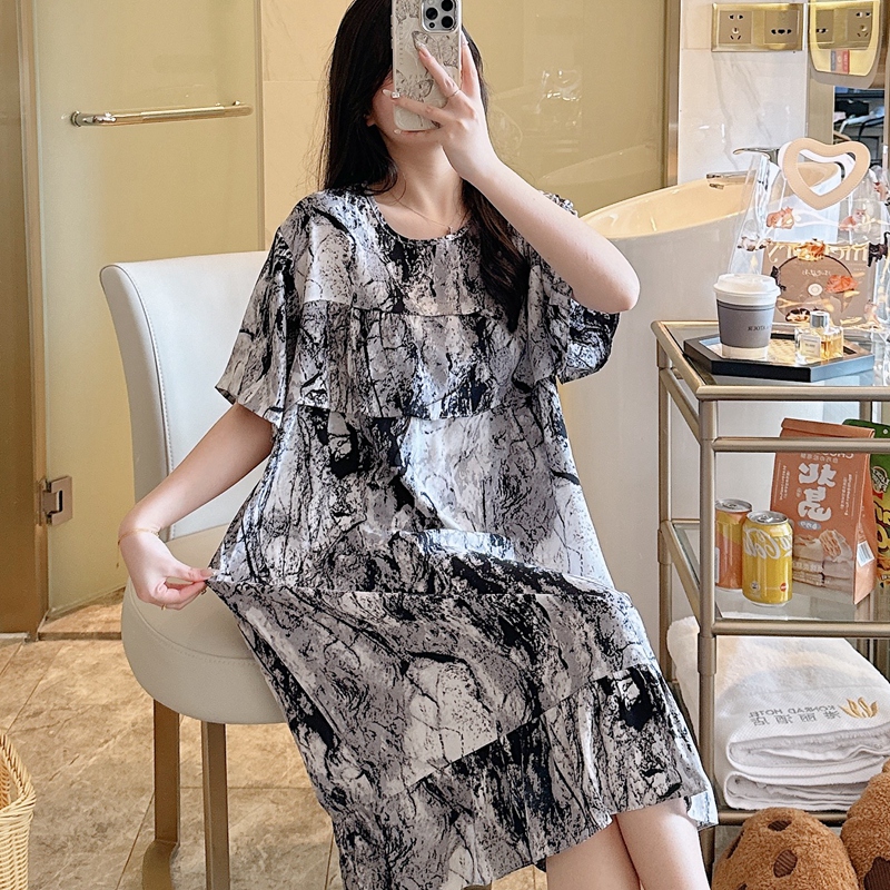 绵绸连衣裙防凸点棉绸睡裙女夏短袖妈妈睡衣人造棉孕妇睡衣裙大码