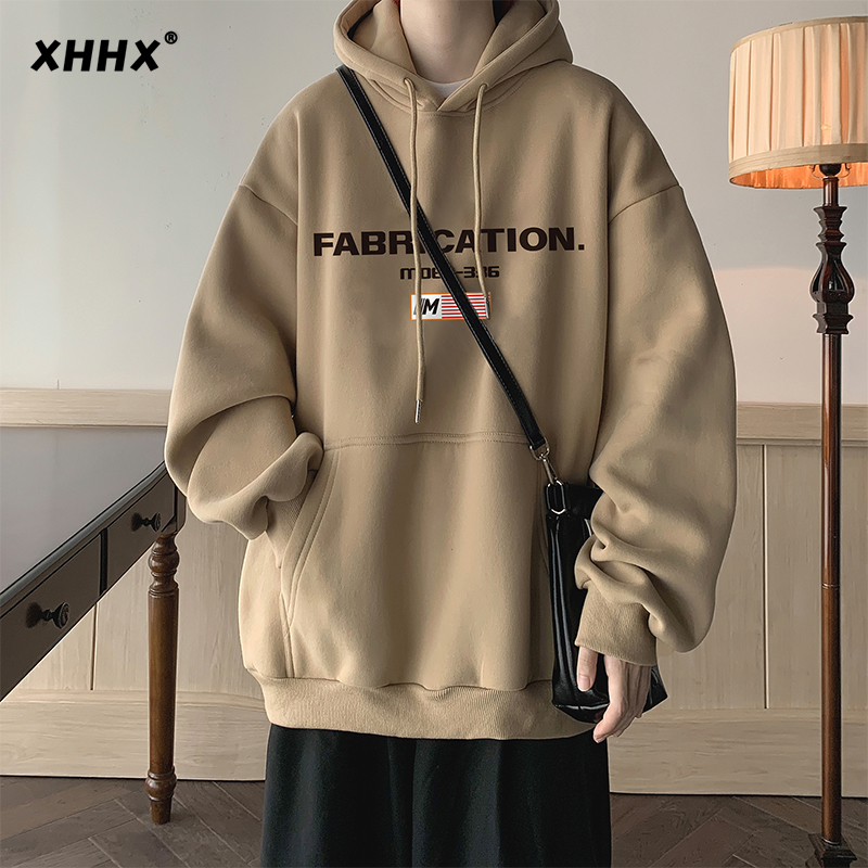 连帽卫衣男秋冬款大码宽松美式重磅G卡其色潮牌加绒休闲套头外套