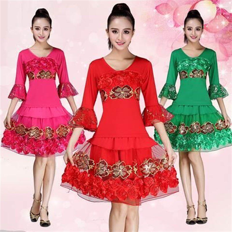 广场舞服新款套装大码o喇叭袖玫瑰花拉丁舞服成人舞蹈服舞台演出