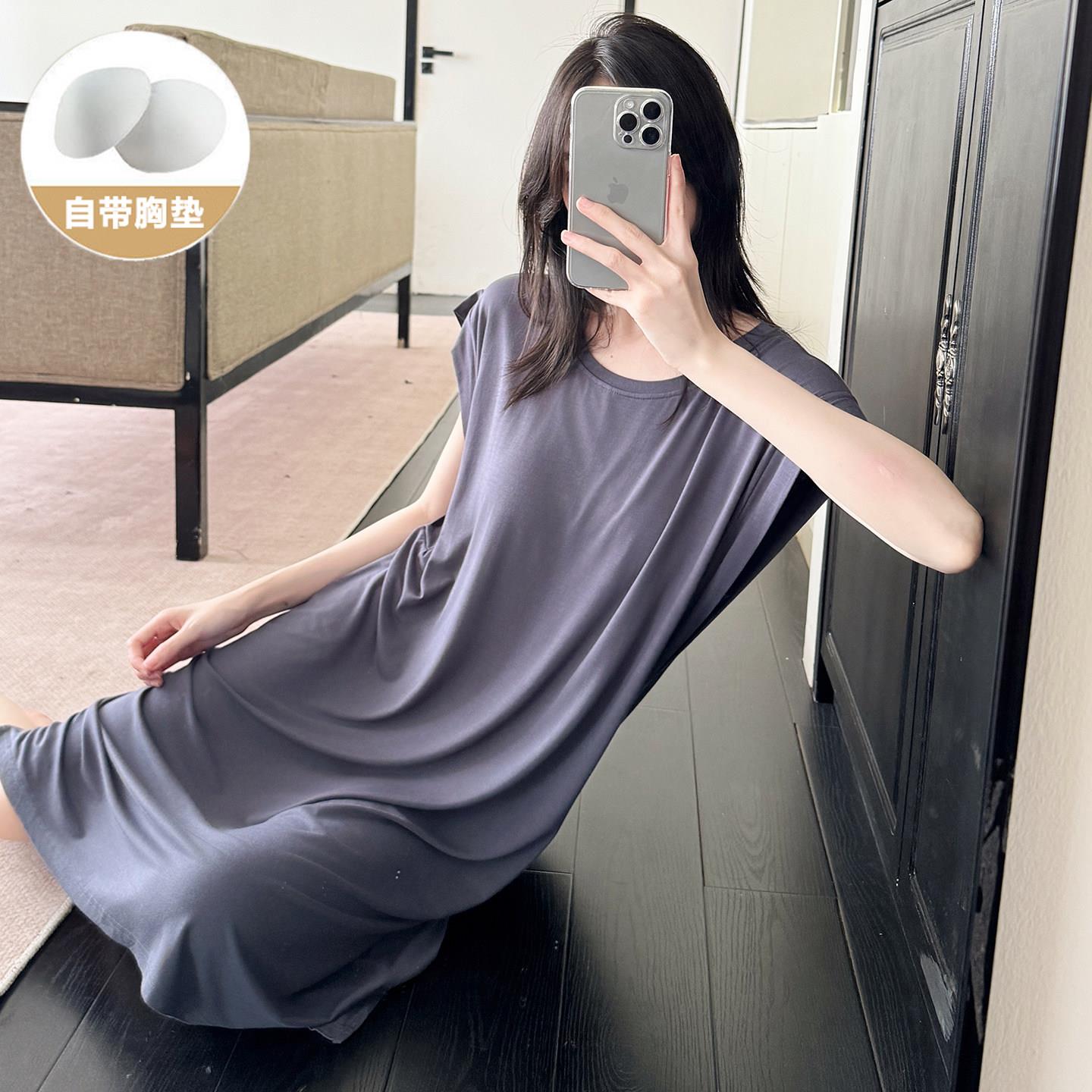 带胸垫睡裙女夏季莫代尔薄款无袖孕妇睡衣宽松大码200斤居家裙子