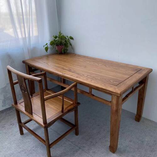 老榆木茶桌复古茶台原木餐桌家用实木书桌长桌椅八仙桌中式马蹄桌