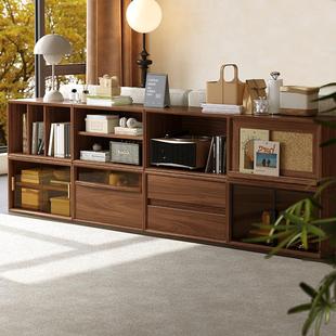 黑胡桃木书柜矮柜实木格子柜落地书架模块化自由组合柜储物电视柜