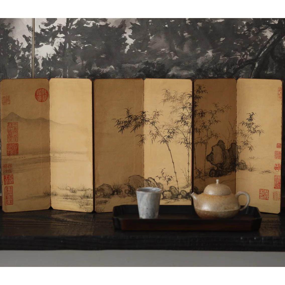 画 画屏艺术中式国画 画装饰品小屏风茶室会所文玩桌面摆件山水竹