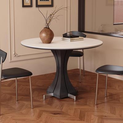 圆形实木餐桌家用小户型轻奢现代简约高级感法式覆古白色岩板餐桌