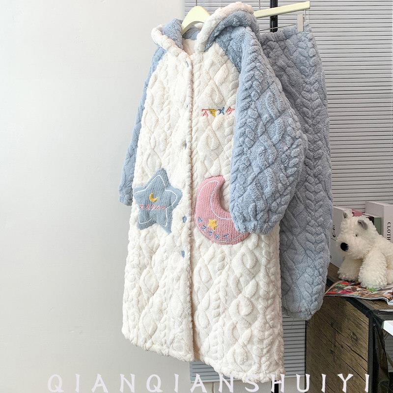 珊瑚绒睡袍女士秋冬季长款加绒加厚特厚三层夹棉袄冬天家居服睡衣