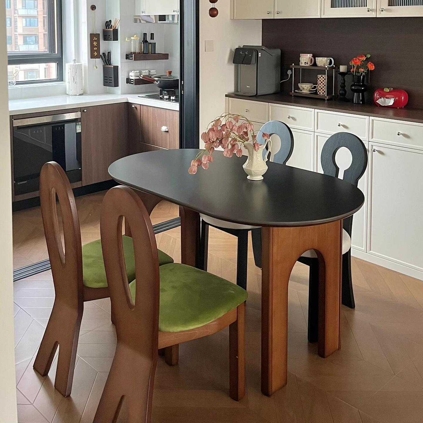 中古风实木岩板餐桌椅组合家用小户型白蜡木餐桌客厅椭圆形吃饭桌