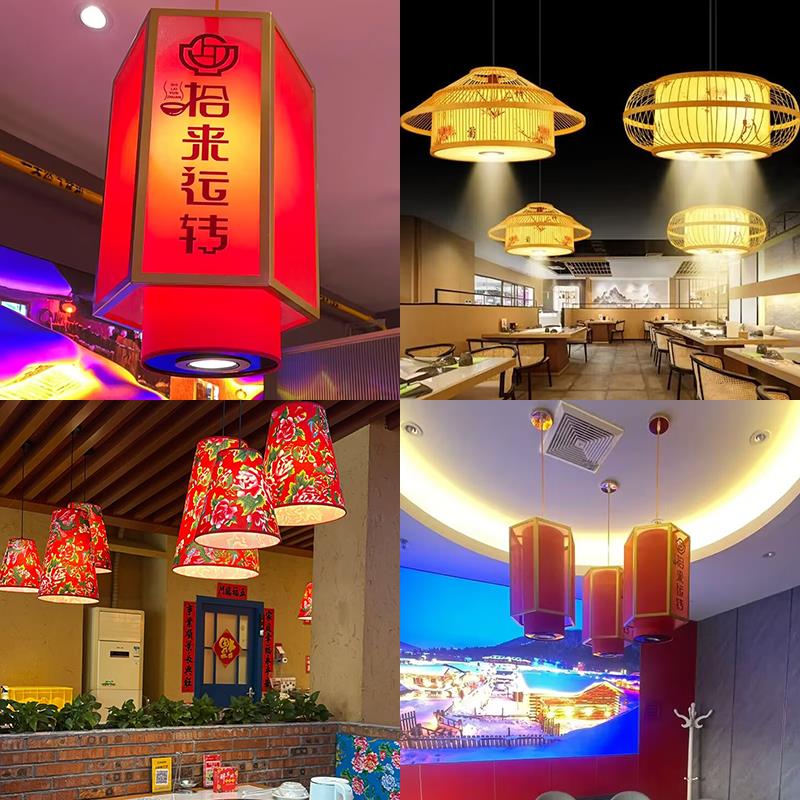 中国风羊皮灯笼火锅店饭店茶楼定制灯具带射灯东北铁锅炖大鹅吊灯