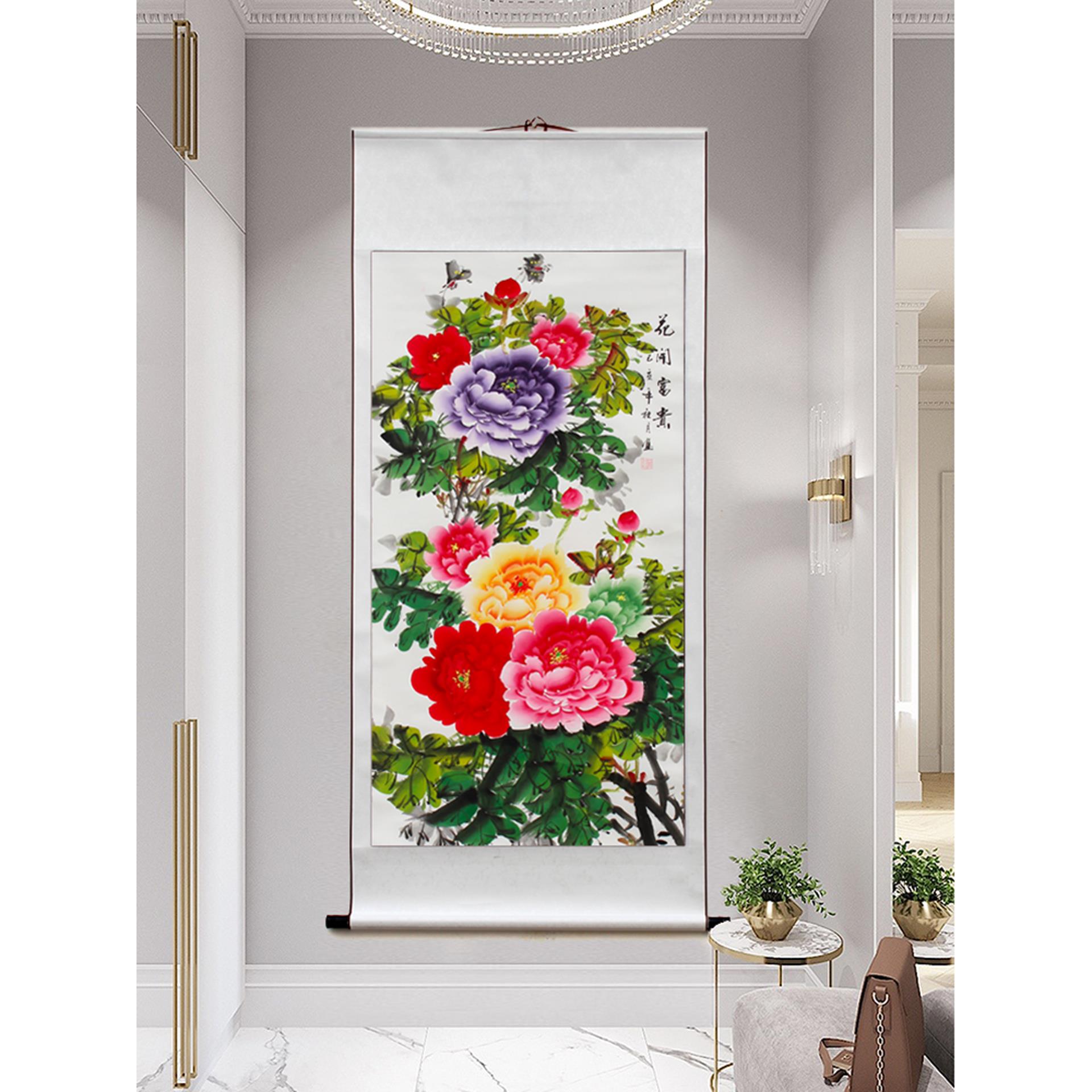 纯手绘国画花开富贵牡丹客厅玄关装饰画中式中堂竖轴挂画卷轴装裱