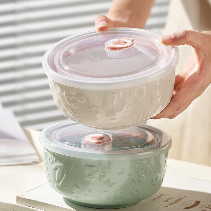 陶瓷饭盒保鲜饭碗带盖圆形可微波炉加热专用上班族便当盒密封