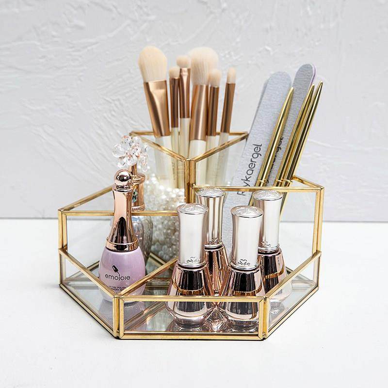 北欧玻璃金边美甲工具化妆品收纳盒笔刷筒美睫师桌面粉尘刷整理盒,收纳整理,桌面收纳盒,淘宝优惠券,粉丝福利购,淘宝优惠卷
