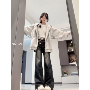 微辣叭牛仔裤女小个子春秋新款美式高街设计感小众显瘦宽松阔腿裤