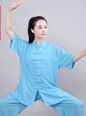 太极服亚麻棉短袖夏装男女中老青少G年练功服太极武术晨练表演服