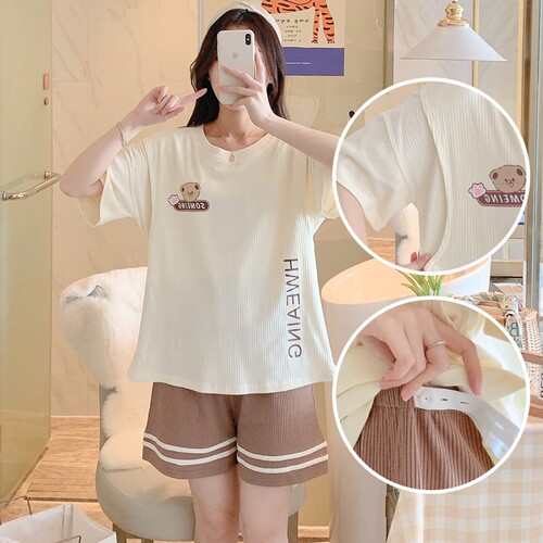 哺乳睡衣短袖短裤夏季薄款产后月子服8月J份7大码孕妇套装夏天喂