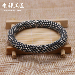 手工订做纯银男款手镯999粗芙蓉麻花绞丝开口复古时尚手环定制