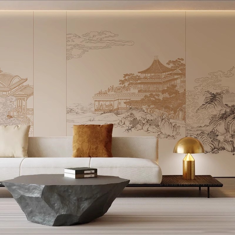 新中式3d立体浮雕亭台楼阁u墙纸酒店客厅卧室电视背景墙壁画纸墙