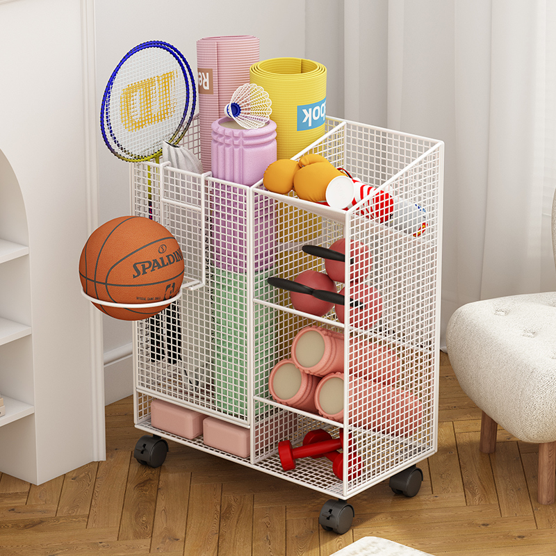 健身器材收纳家用瑜伽垫泡沫滚轴收纳筐可移动篮球羽毛球拍置物架