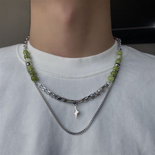 新中式绿色珠子拼接项链链条男女国潮秋冬小众高级感卫衣链配饰